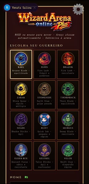 Wizard Arena Plus — tela de seleção de mago